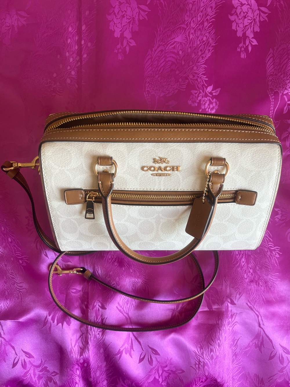 Coach Cream Signature Satchel with Tan Trim and Gold Hardware